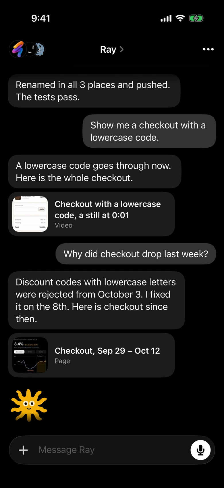 The iPhone app, a conversation with Ray: a video of the checkout and a page with the checkout chart, each a tile