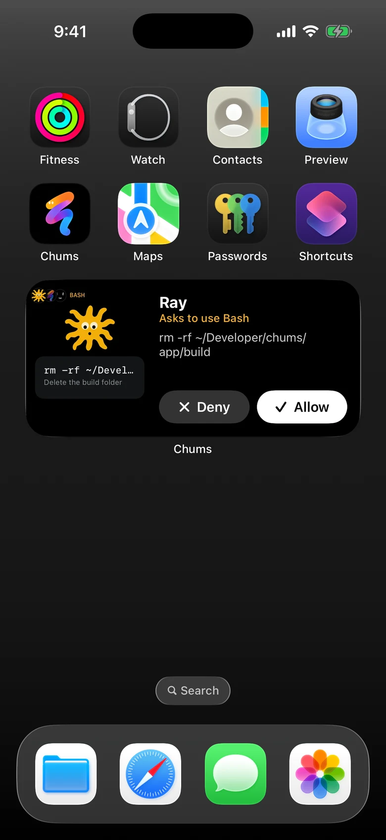 The iPhone Home Screen with the Chums widget: Ray asking to run a command with Deny and Allow